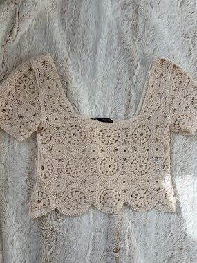 🤍 Zara Bohemian Embroidered Coastal Cowgirl Cottagecore Crochet Crop Top Size S